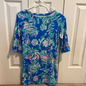 Blue Floral Shift Dress with Pink & Green Print